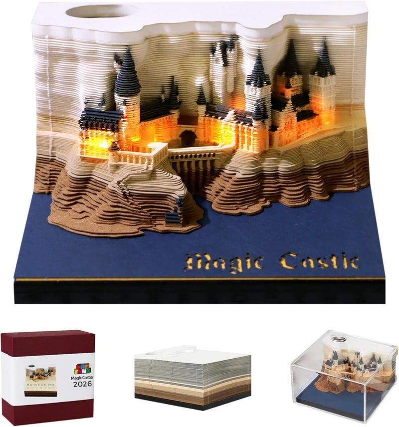 MACTANO 3D Art Calendar Memo Pad 2026, Creative Time Piece Calendar Magic Castle Rip Away Paper Carving Sticky DIY Note - Image 1